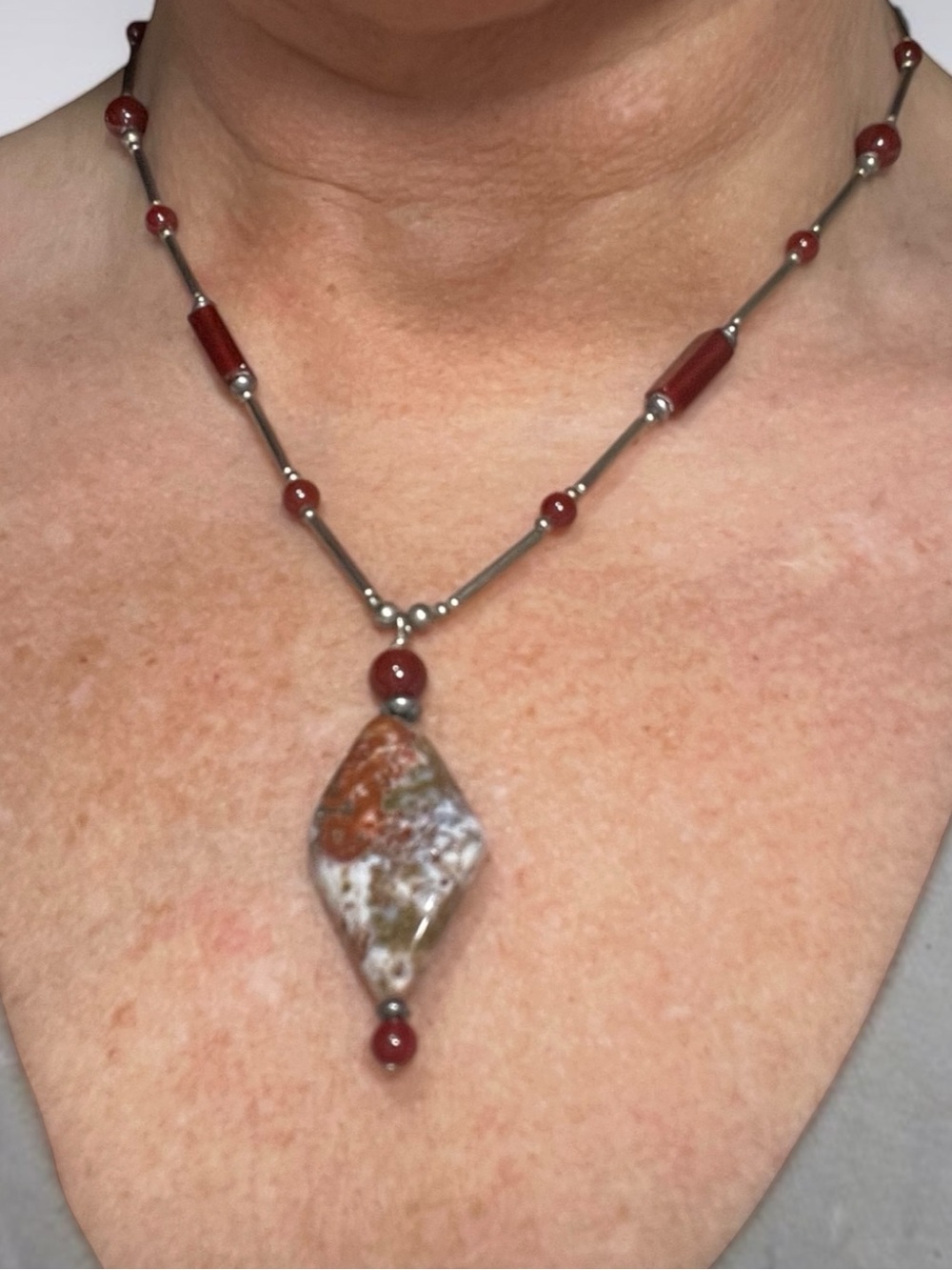 Crazy Lace Jasper Agate Pendant Necklace With Jasper Beads